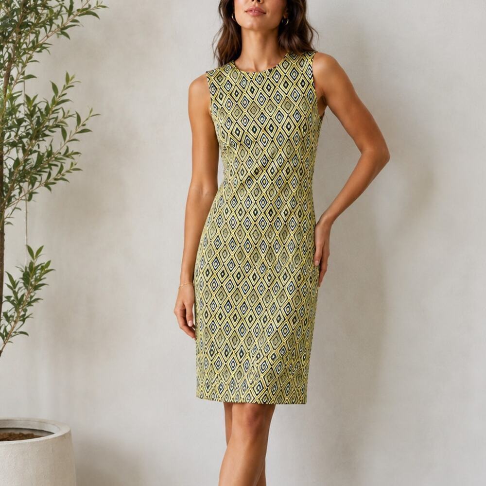 J. McLaughlin Catalina Cloth Dress XS Gold/Tan Blue Geo Print Stretch Classic